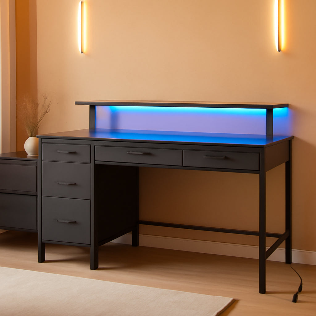 39 Inch Computer Desk With Power Outlets And LED Light