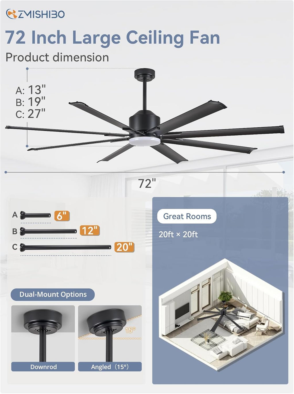 72Inch Aluminum Black Outdoor Ceiling Fan Lighting-3