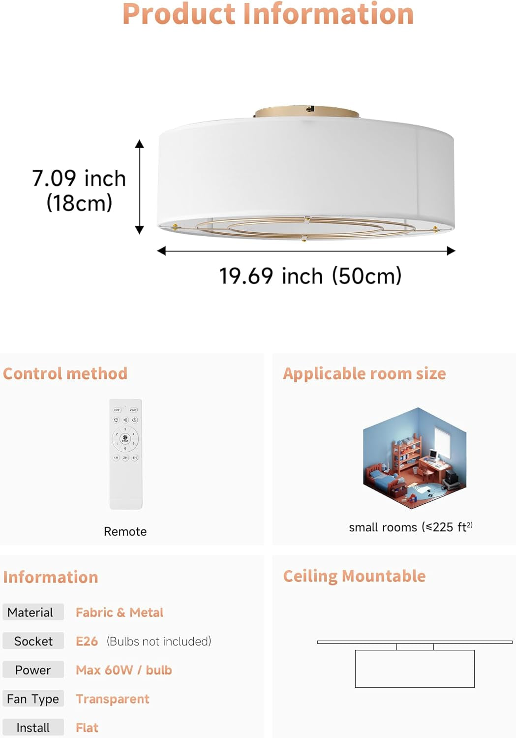 20Inch Boho Bladeless Flush Ceiling Fan Ambient Light-4