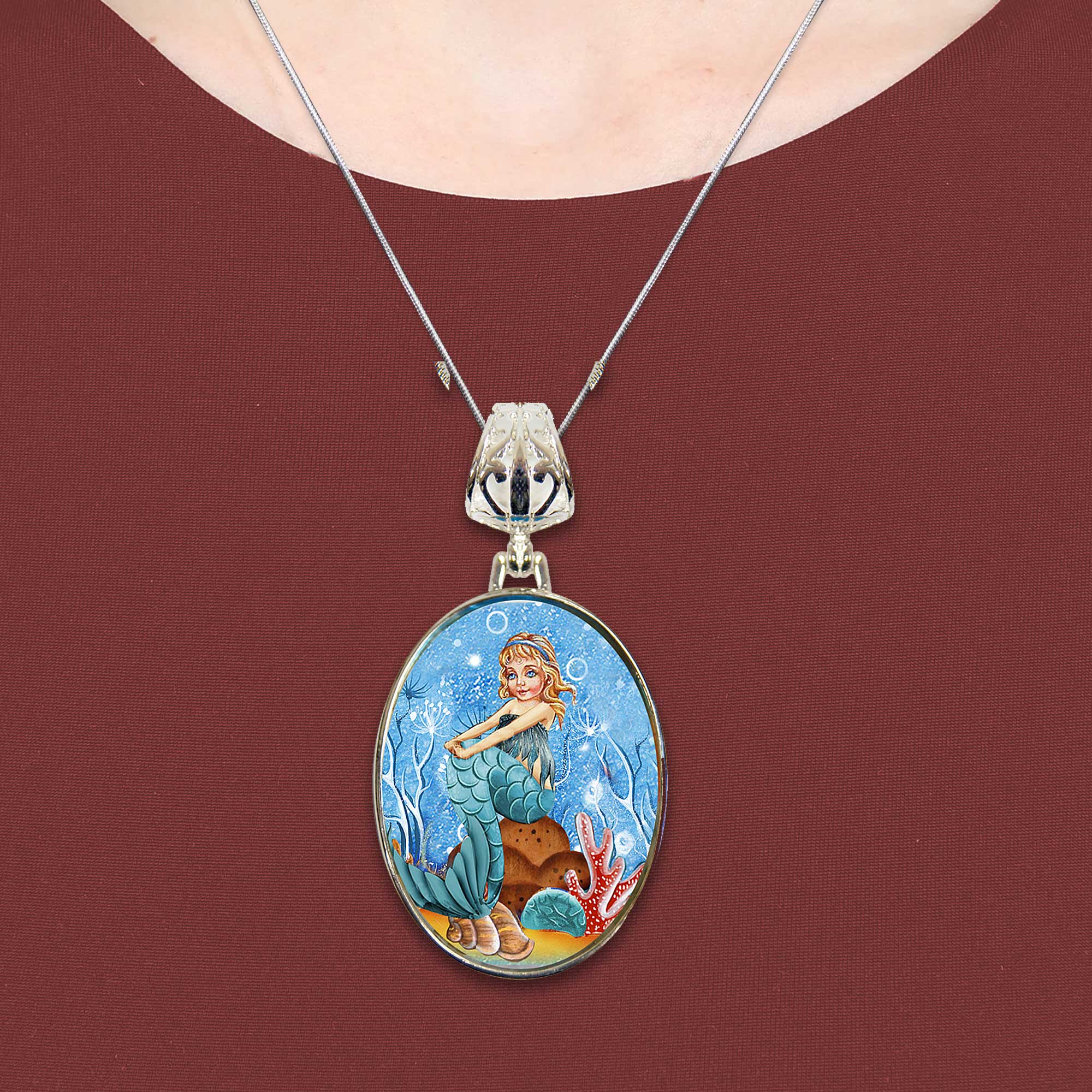 Mermaid Silver Plated Mother of Pearl Jewelry Pendant Necklace - 44042-4