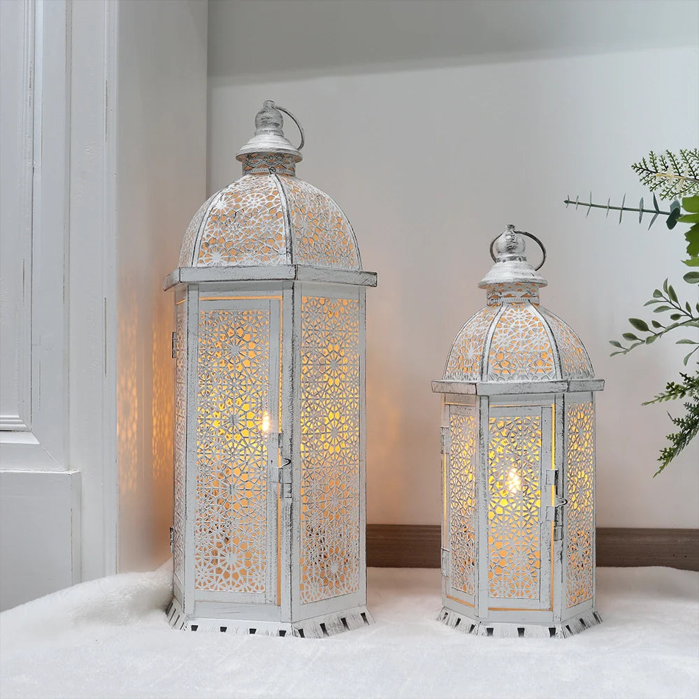 Set of 2-15"&19.5"H White Metal Lanterns-0