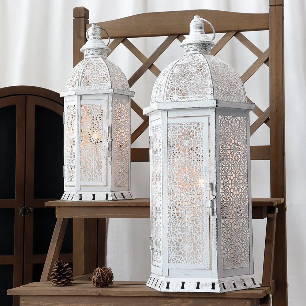 Set of 2-15"&19.5"H White Metal Lanterns-1