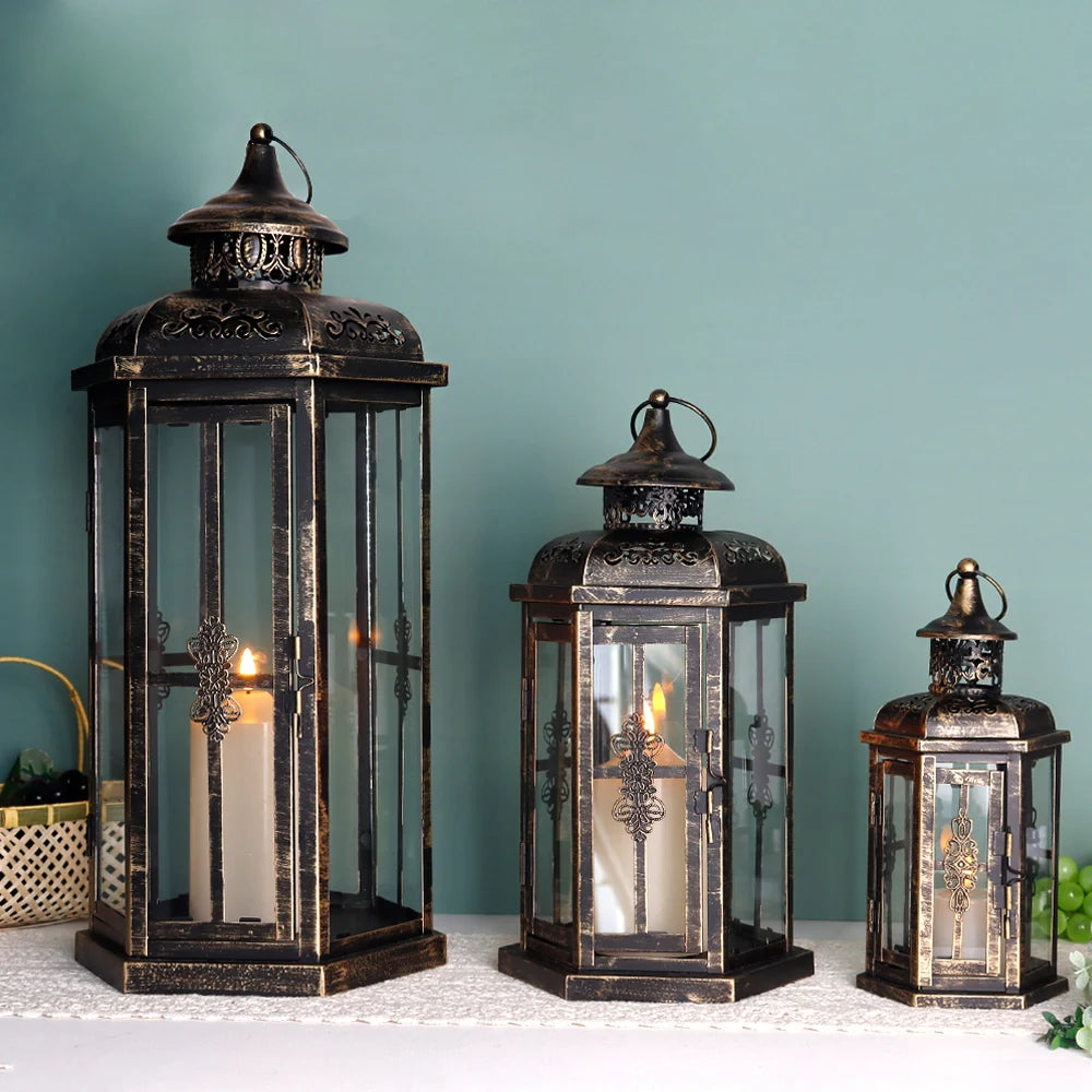 Set of 3-20.5''&14"&10"H Candle Lanterns(Black with Gold Brush)-4