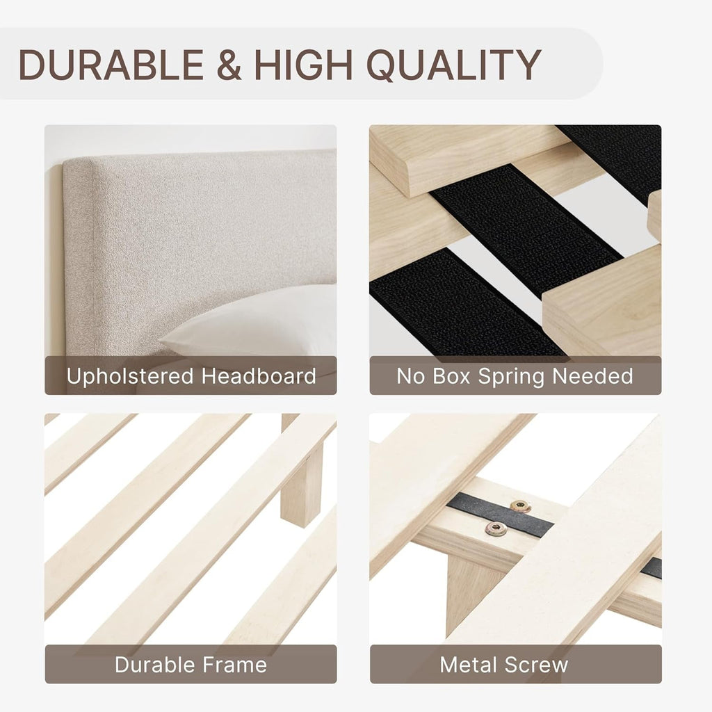 Queen Noiseless Upholstered Platform Bed Frame Slats