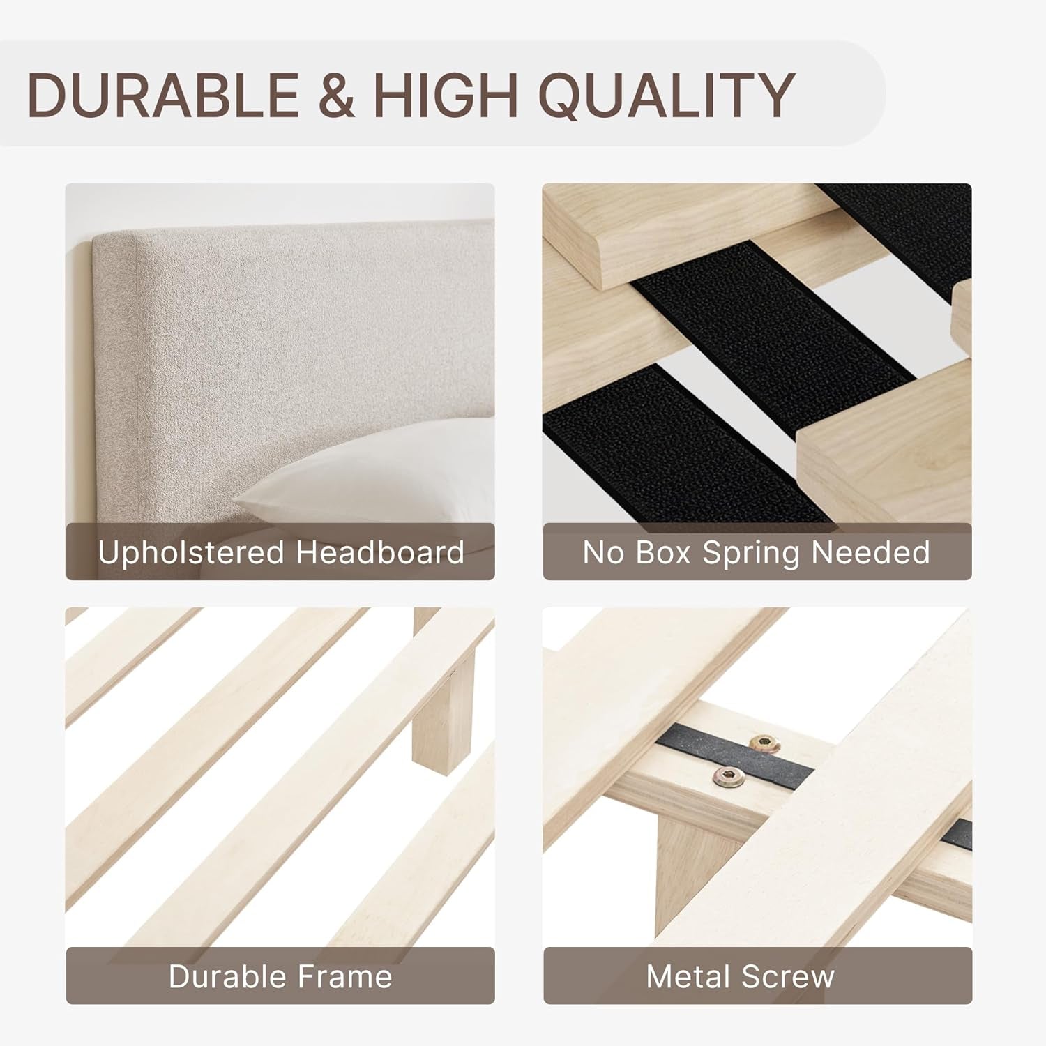 Queen Noiseless Upholstered Platform Bed Frame Slats