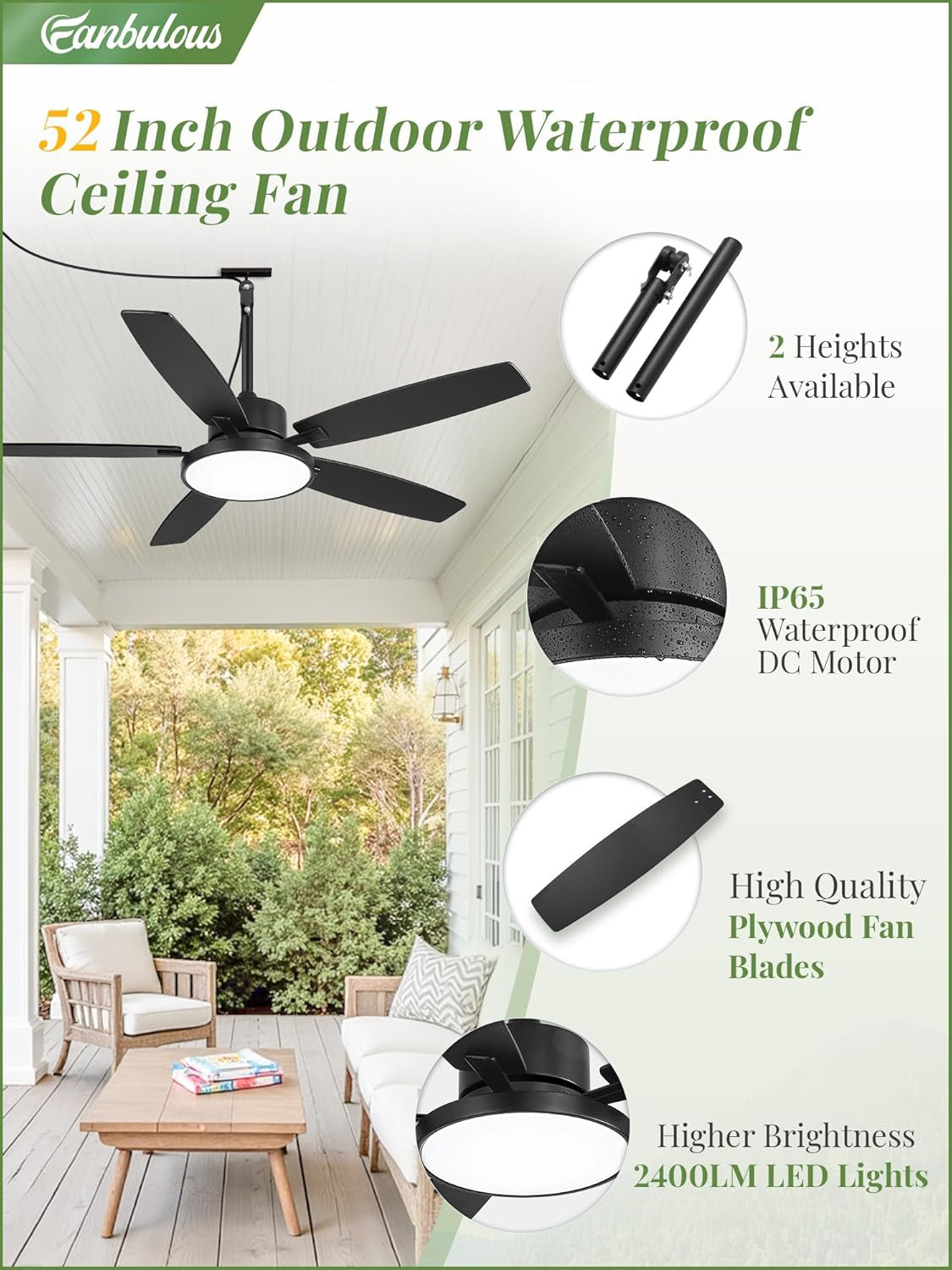 52 Inch Outdoor Ceiling Fan Weather proof Remote LED-2