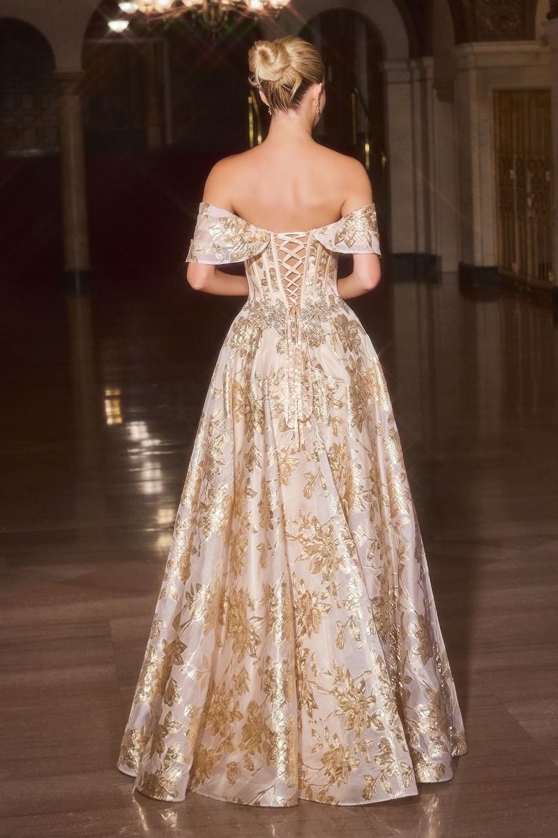 Ball Gown Off-The-Shoulder Beaded Crystal Corset Metallic Floral Jacquard Skirt-1