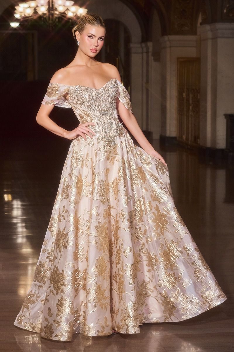 Ball Gown Off-The-Shoulder Beaded Crystal Corset Metallic Floral Jacquard Skirt-0