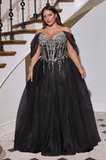 Off-Shoulder Beaded Corset A-Line Glitter Tulle Gown-0