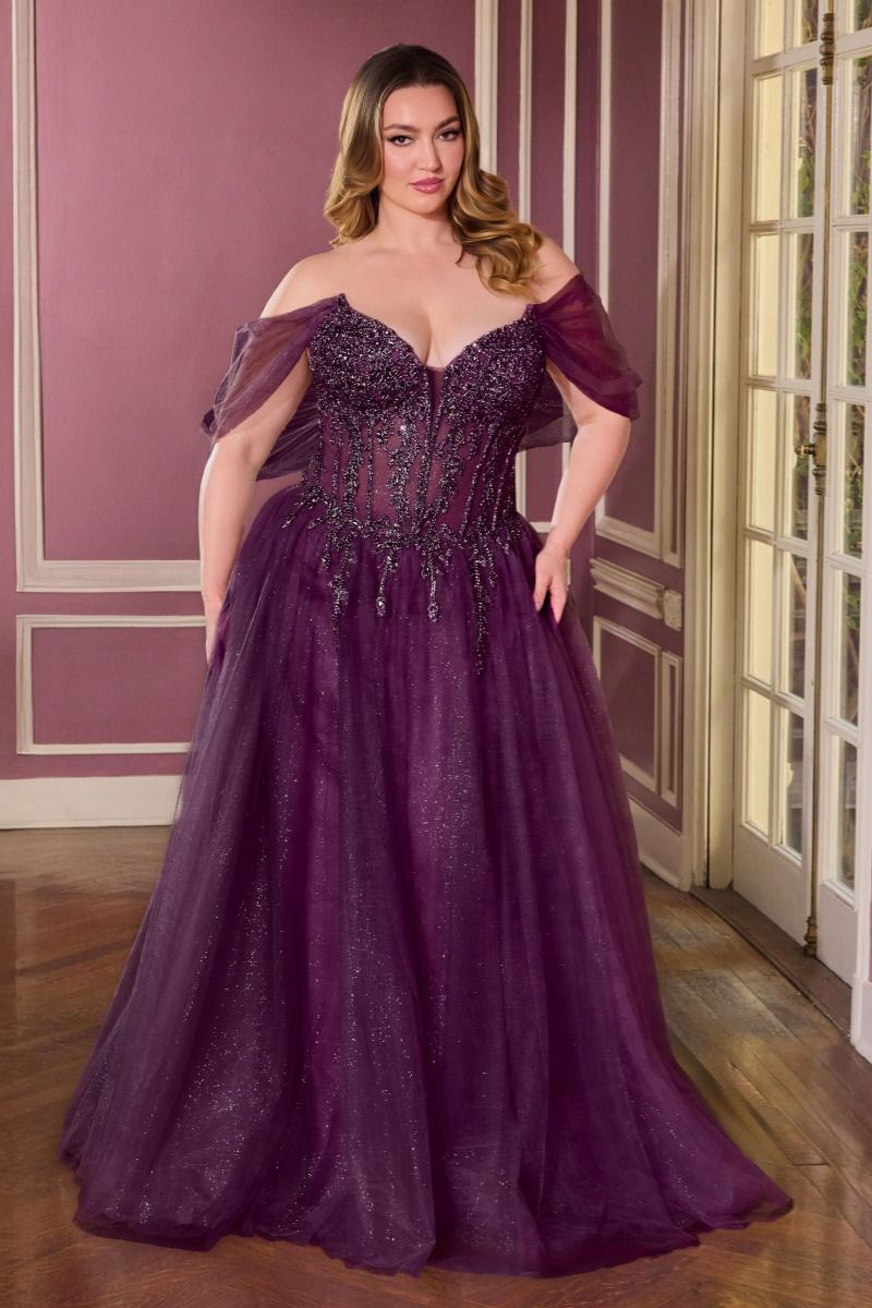 Off-Shoulder Beaded Corset A-Line Glitter Tulle Gown-1