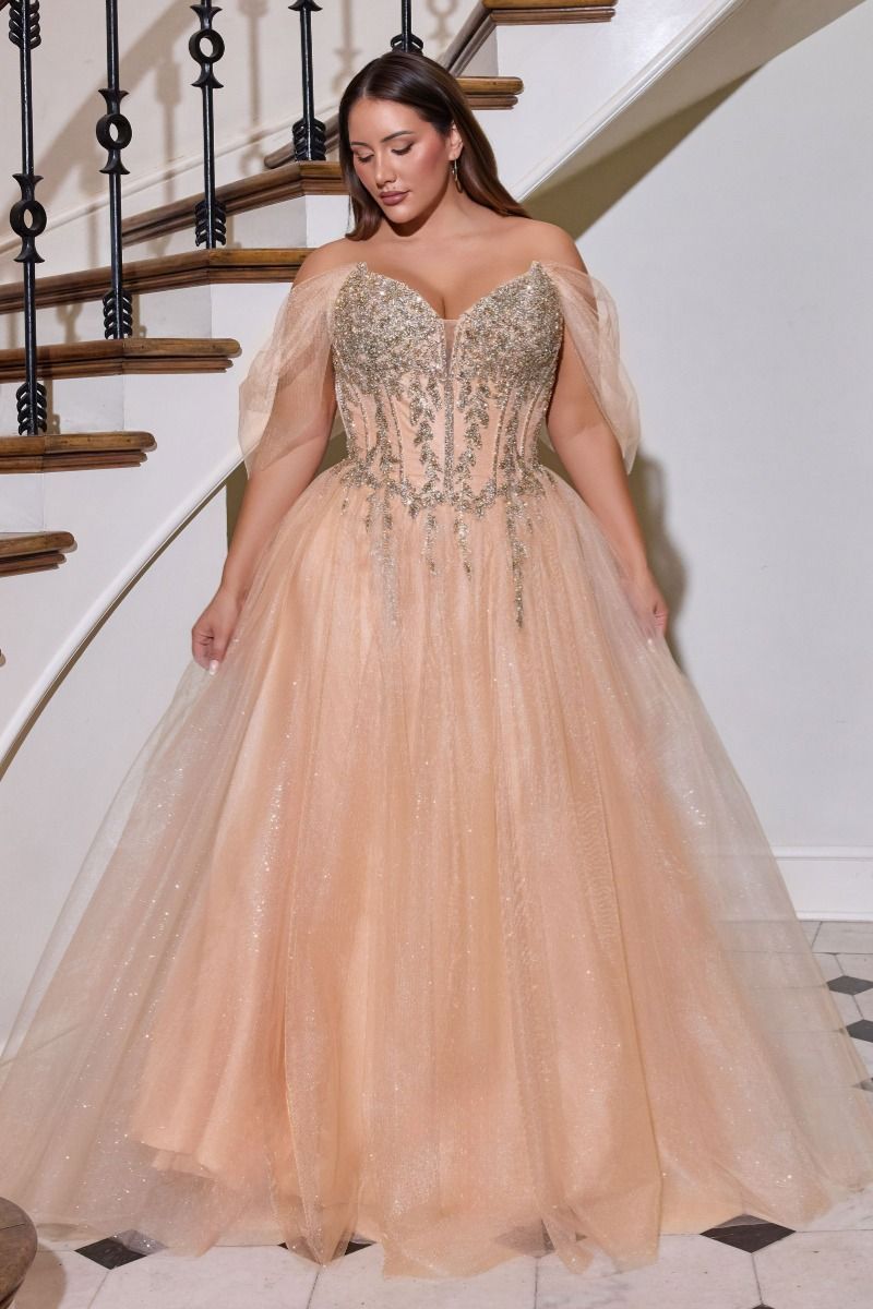 Off-Shoulder Beaded Corset A-Line Glitter Tulle Gown-2