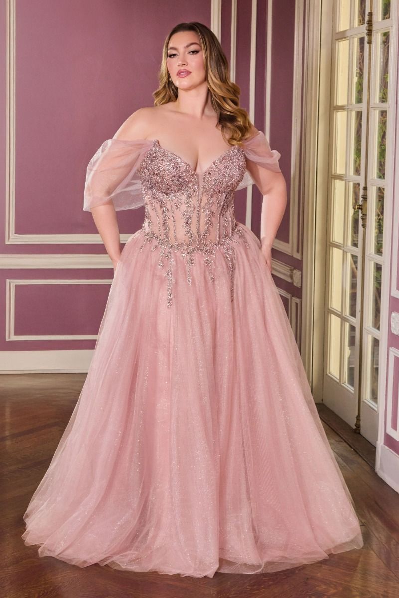 Off-Shoulder Beaded Corset A-Line Glitter Tulle Gown-3