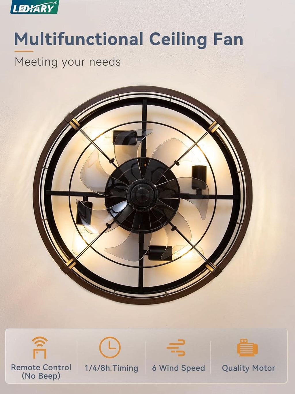 20 Inch Walnut Industrial Enclosed Caged Ceiling Fan-3