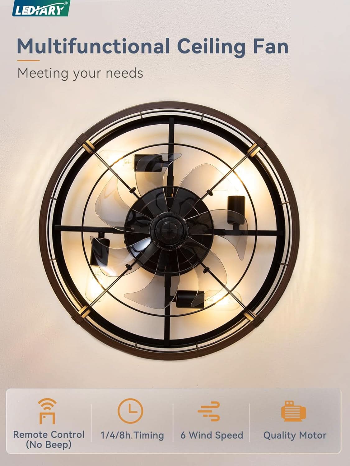 20 Inch Walnut Industrial Enclosed Caged Ceiling Fan-3