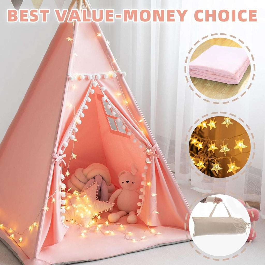 Pink Kids Teepee Tent With Mat Foldable Cotton Canvas-2