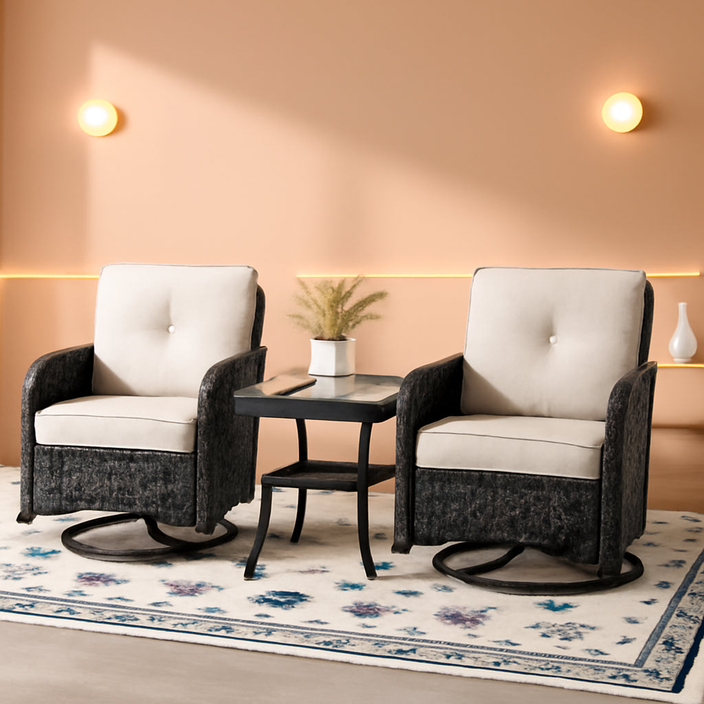 3 Piece Black Wicker Patio Furniture Set With Swivel Rocker Chairs And Side Table Beige Cushions