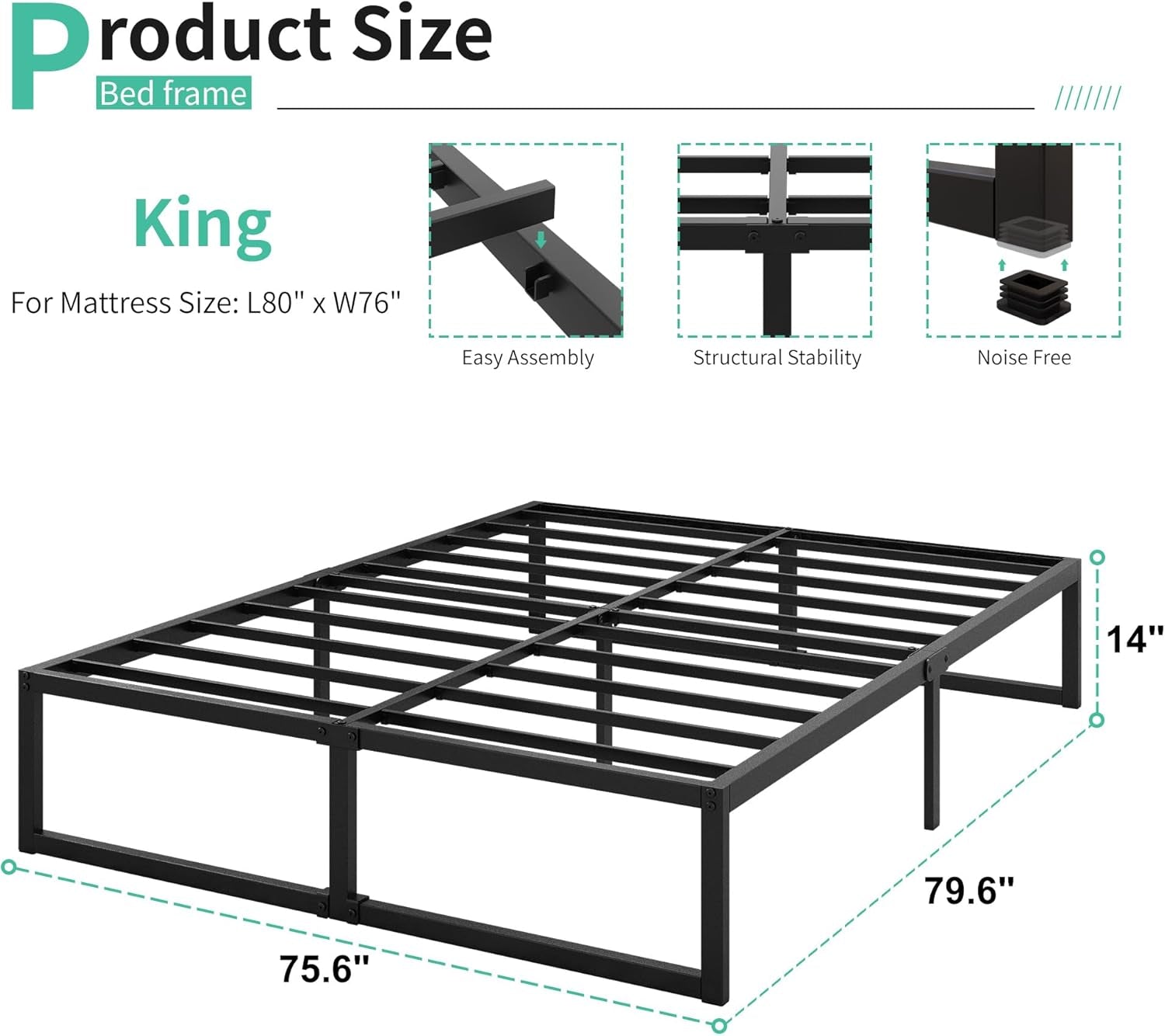 14 Inch Heavy Duty Metal Bed Frame with Slats