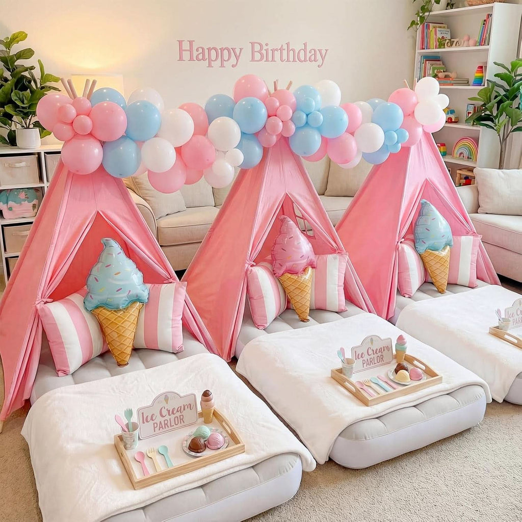 Pink Teepee Tent With Inflatable Airbed LED String Lights-3