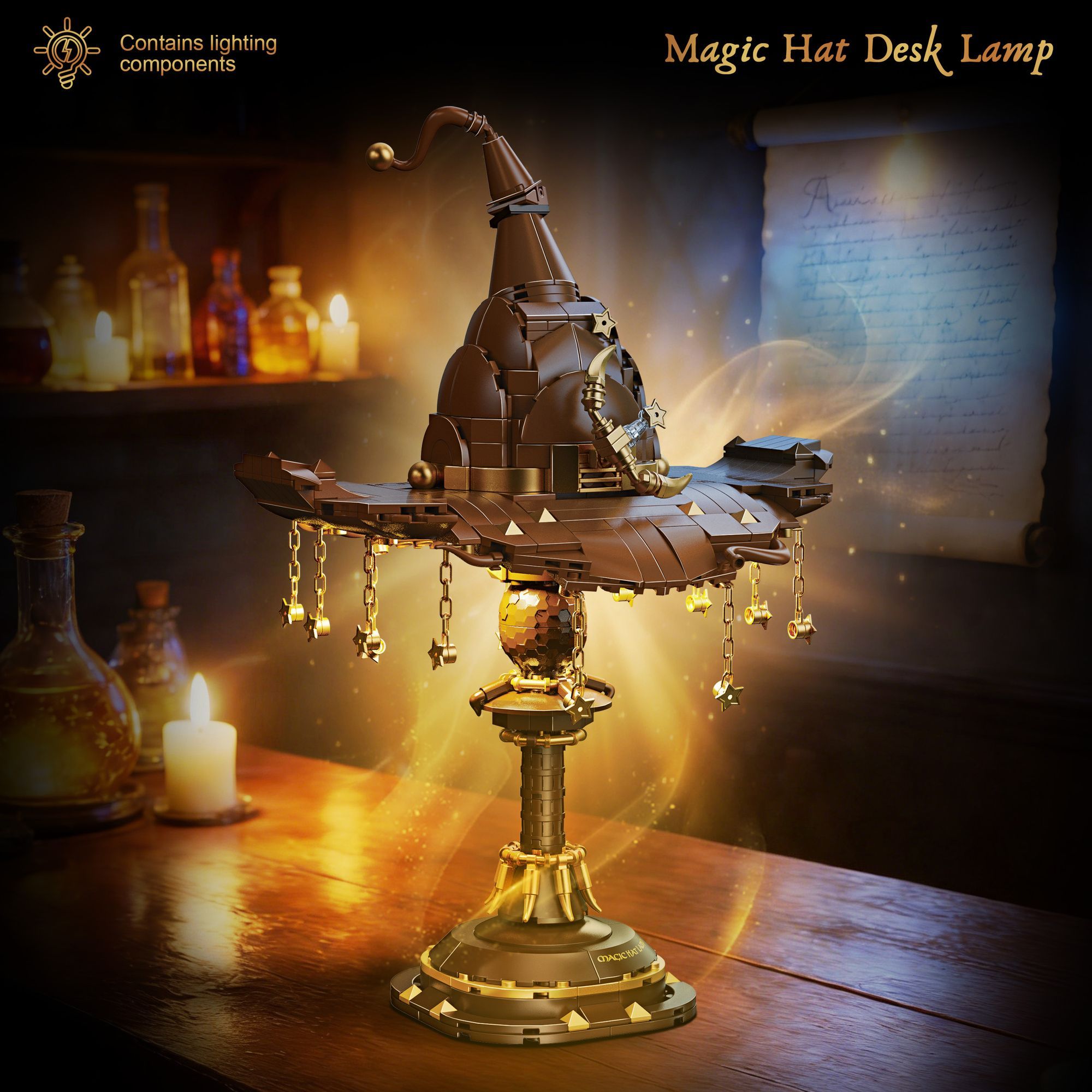 Wizard Hat Table Lamp, Fantasy LED Ambient Light, Magical Desk Lamp for Bedroom, Gaming Room & Reading Corner Decor, DIY Building Block Table Lamp-3