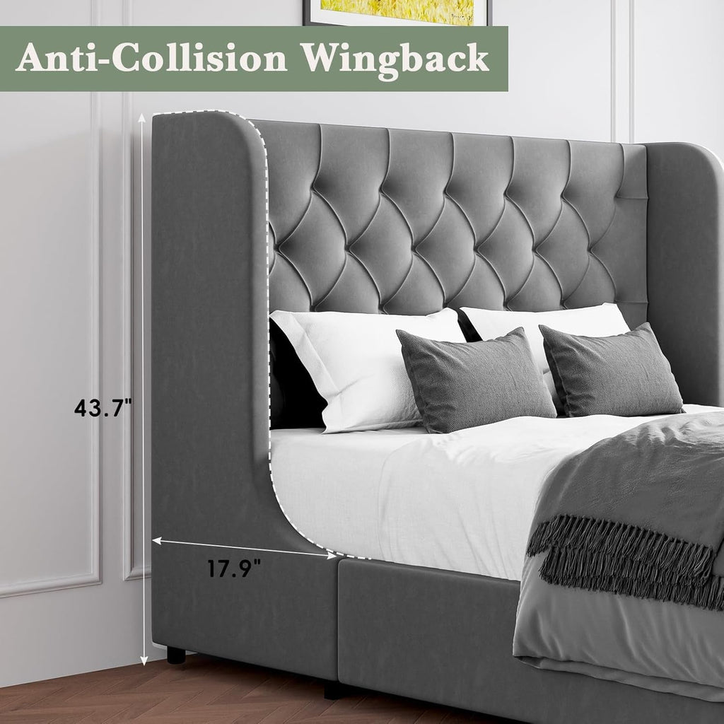 Grey VelvetLux Upholstered King Bed Frame Wing back