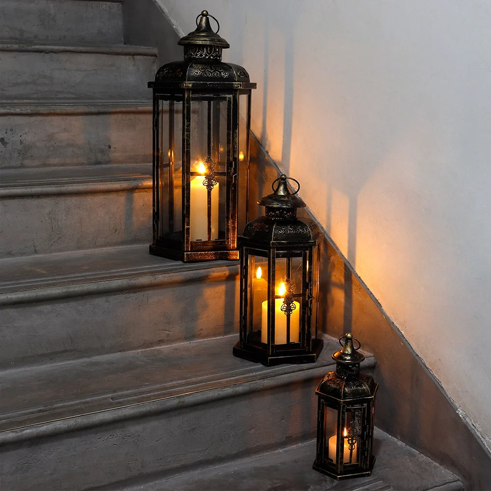 Set of 3-20.5''&14"&10"H Candle Lanterns(Black with Gold Brush)-2