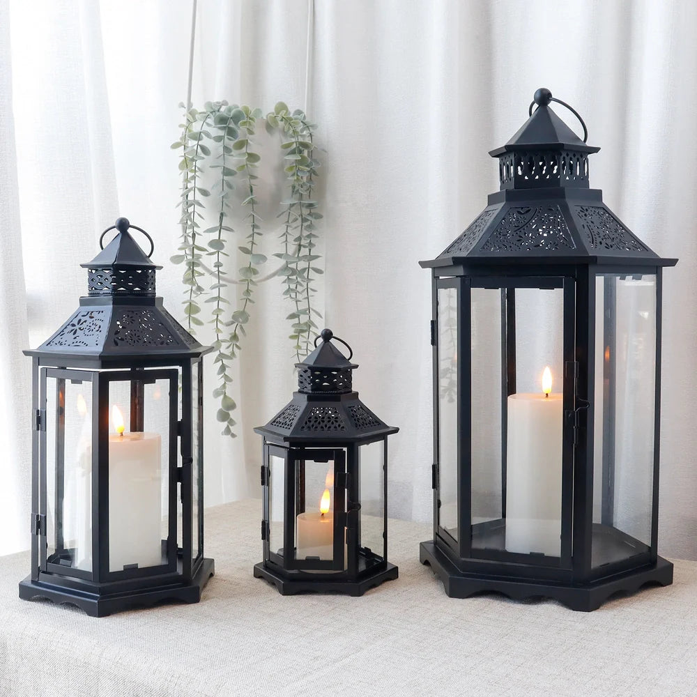 Set of 3 18''&13"&10"High Black Hexagonal Decorative Hanging Lantern-0
