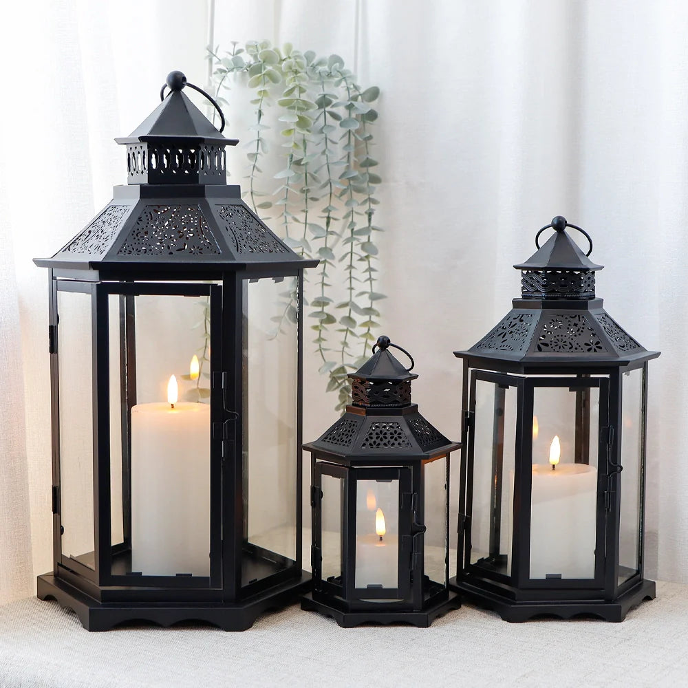 Set of 3 18''&13"&10"High Black Hexagonal Decorative Hanging Lantern-1