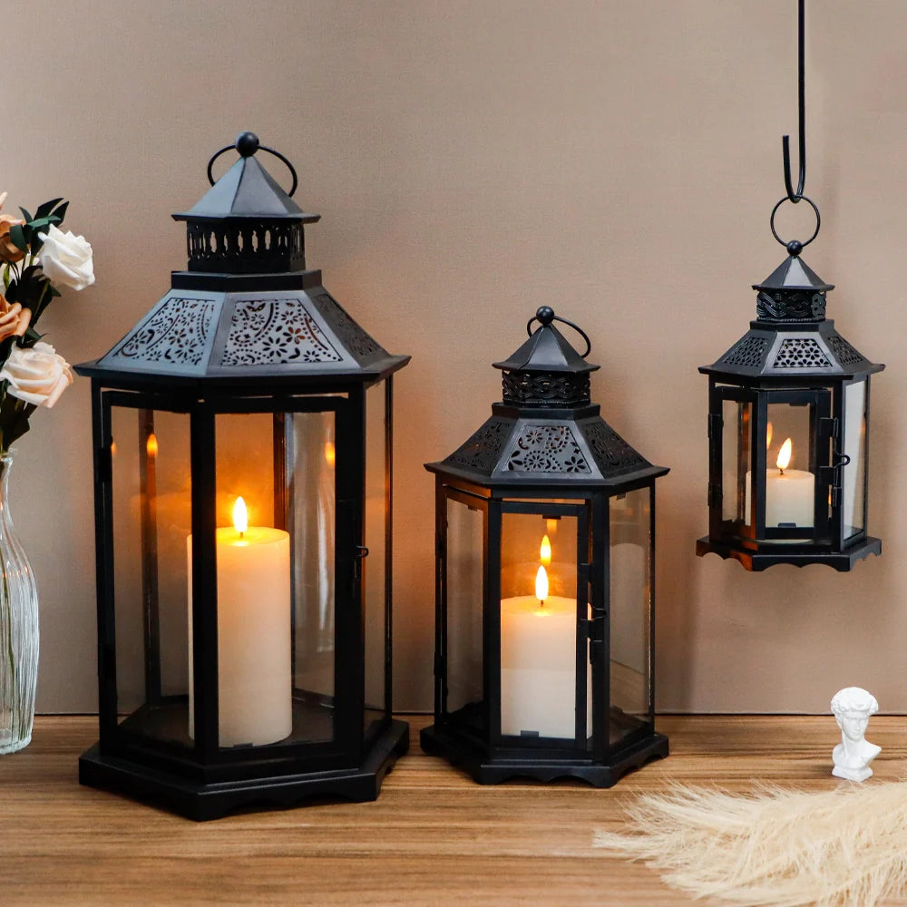 Set of 3 18''&13"&10"High Black Hexagonal Decorative Hanging Lantern-2