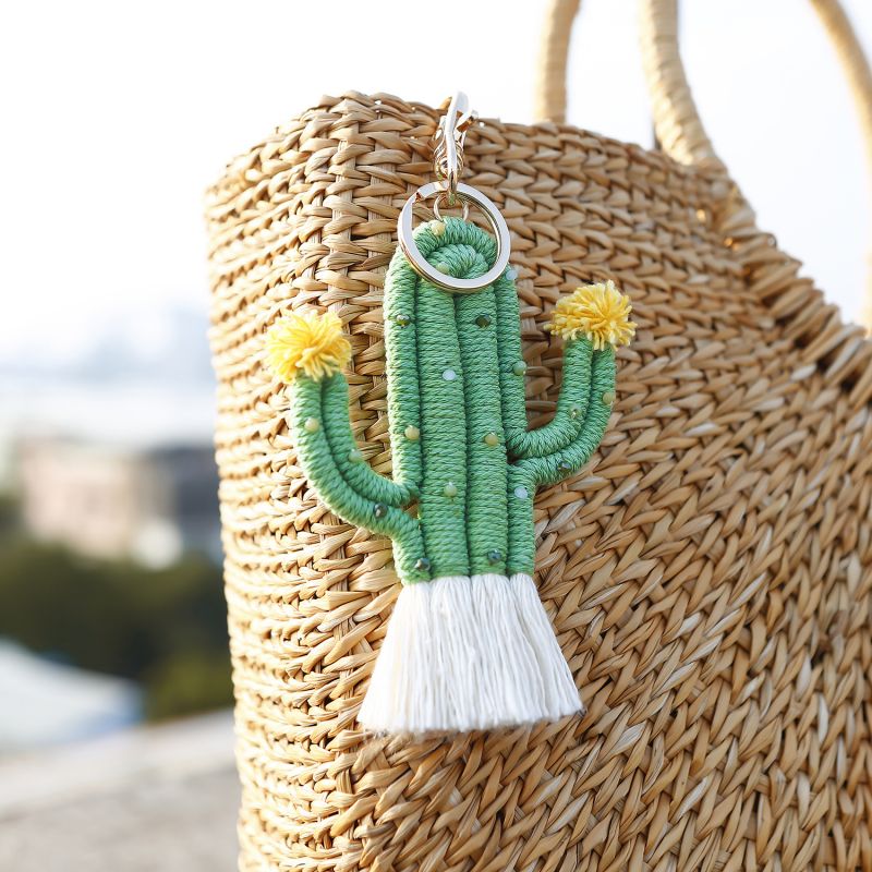 Handmade Bohemian Cactus Key Chain with Rice Beads