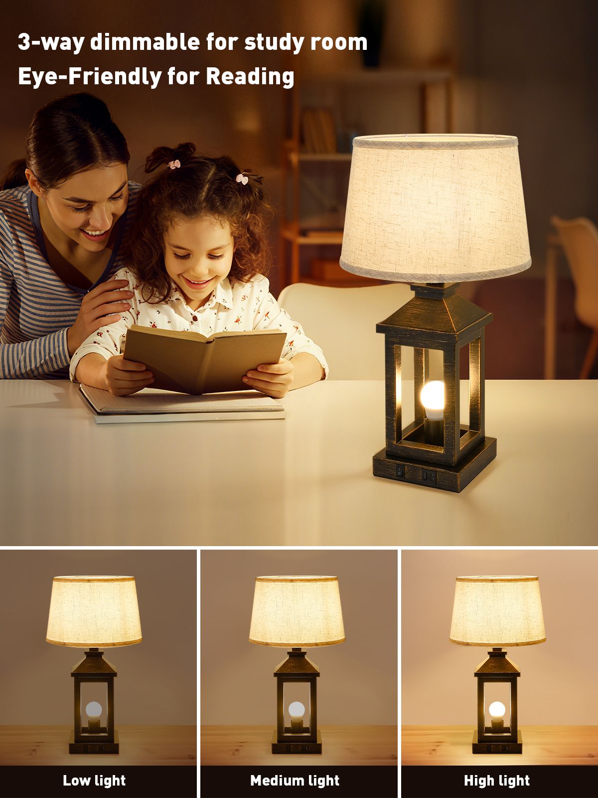 20.5in Black Gold Farmhouse Bedside Table Lamp (Including Light Bulbs)-3