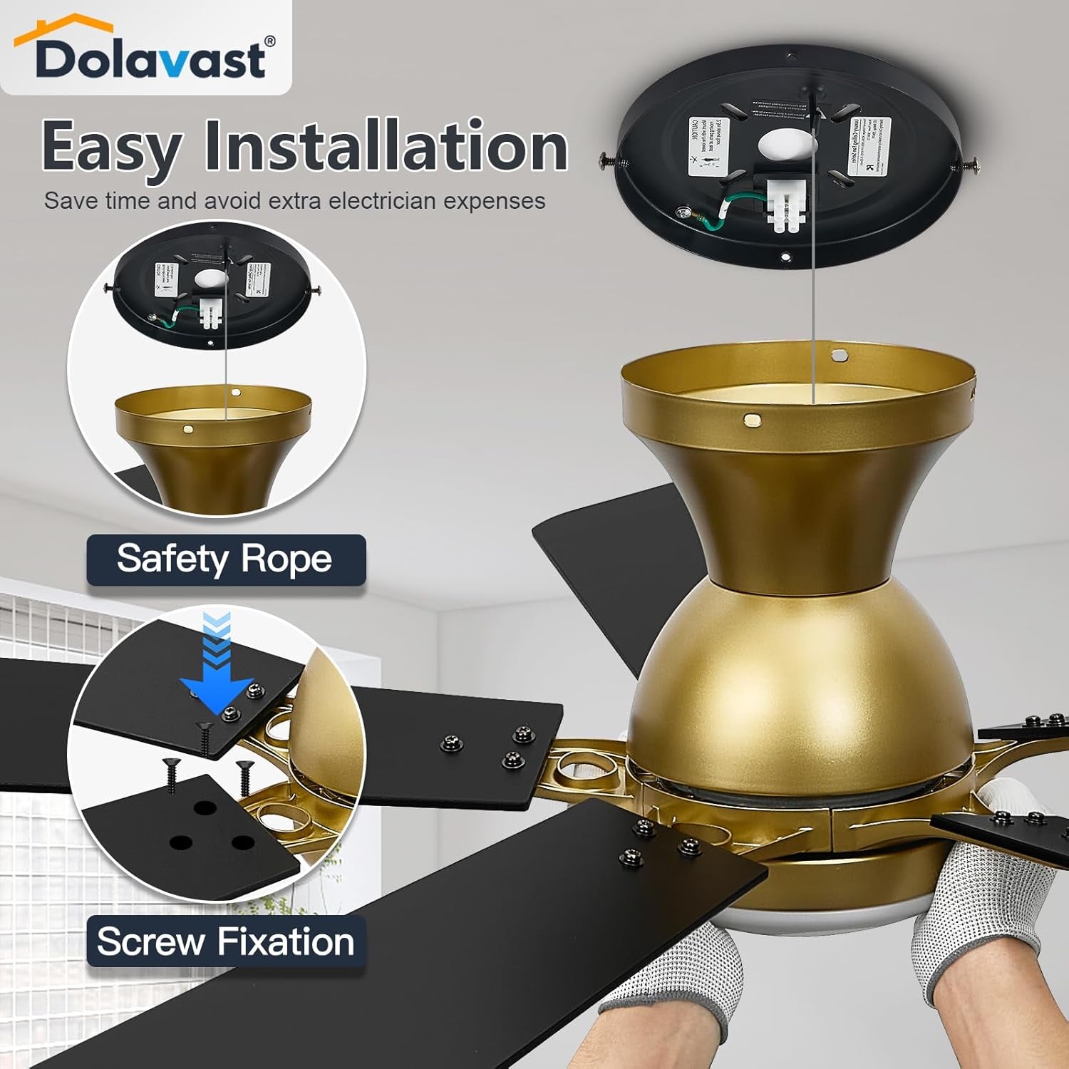 52 Inch Goldtone Fandelier Flush Mount Fan Dimmable LED-2