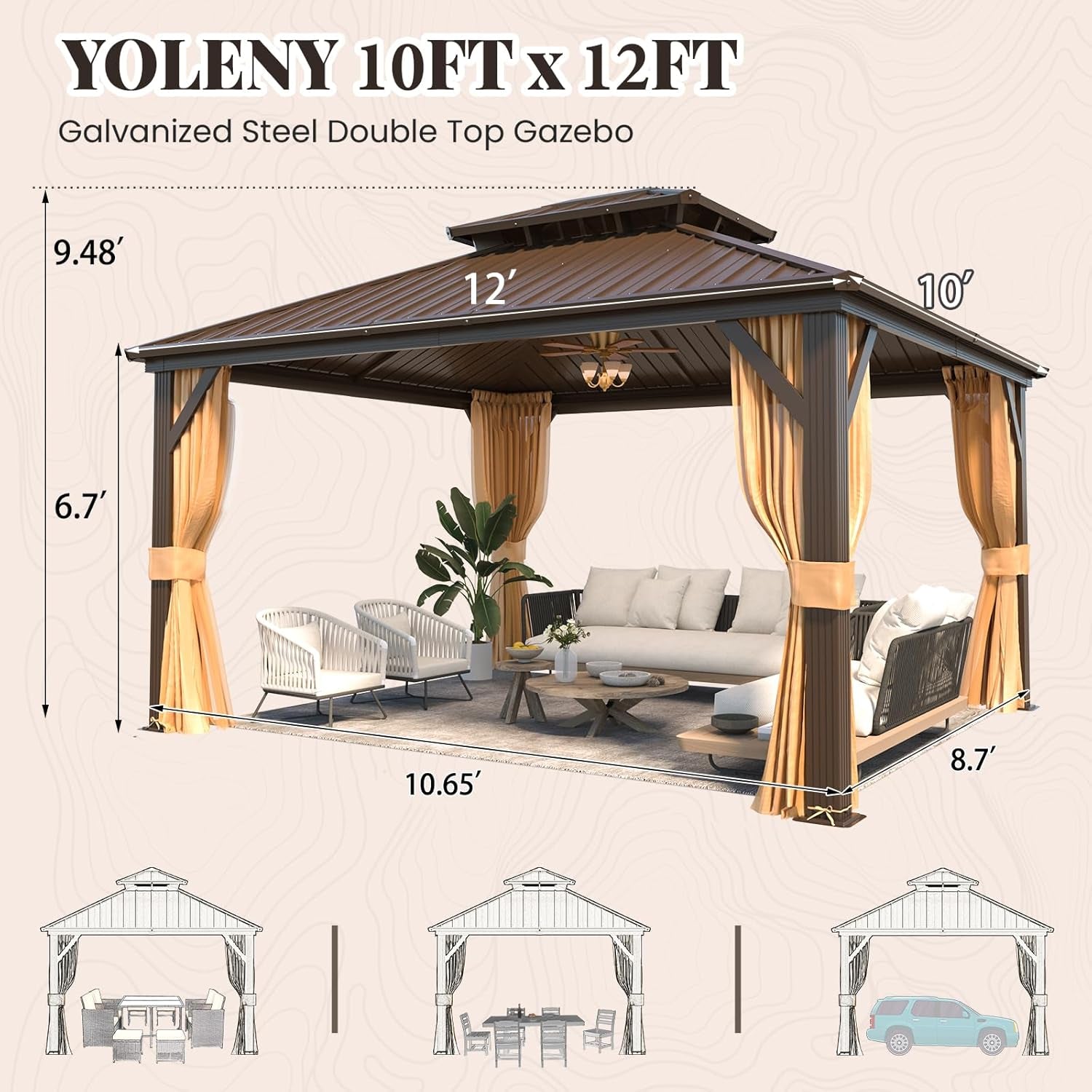 10x12 Hardtop Gazebo Weatherproof Aluminum Frame Patio