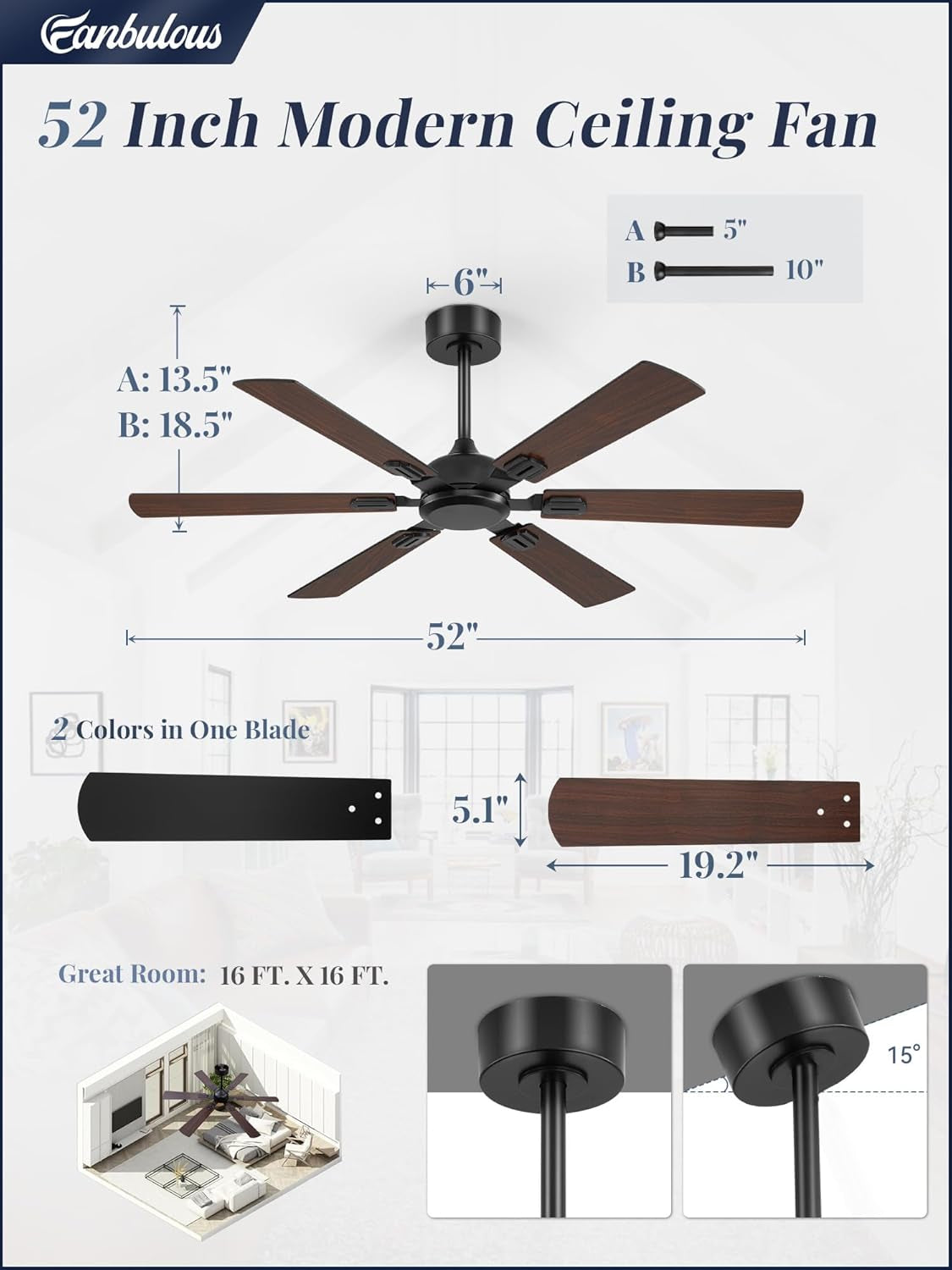52Inch Ceiling Fan Energy Efficient Remote Whisper Quiet-1