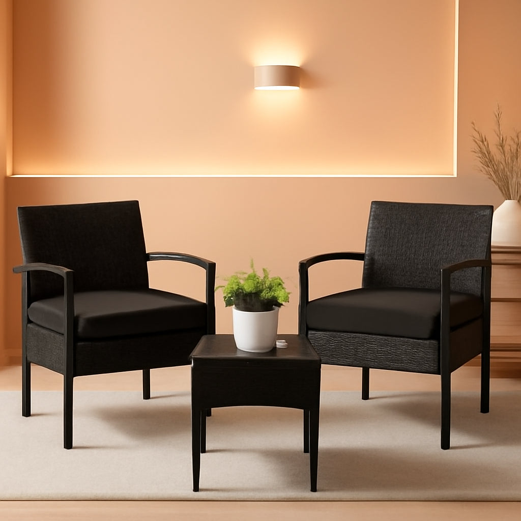 3 Piece Patio Rattan Conversation Chairs Set Outdoor Furniture Black Wicker For Garden Balcony Porch Yard