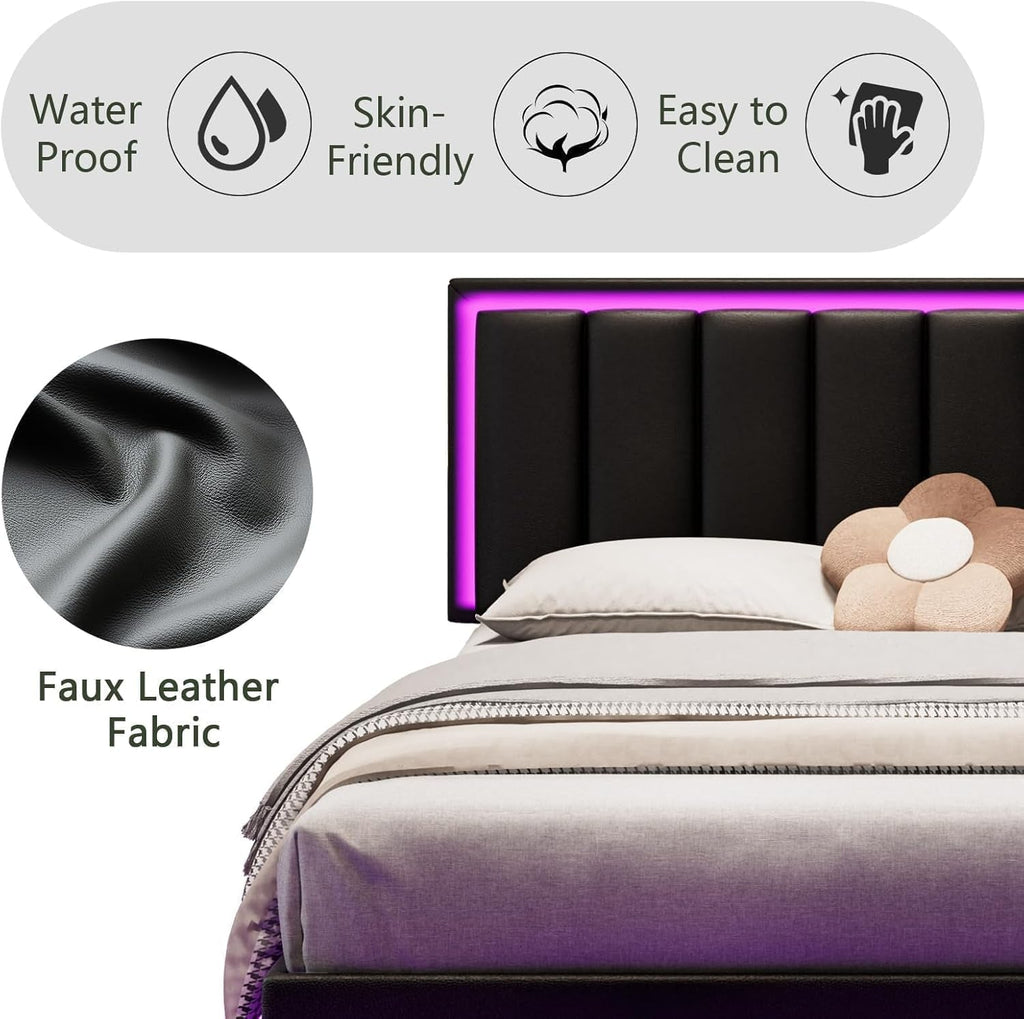 Floating Full Bed Frame with LED Lights and Head board, Black