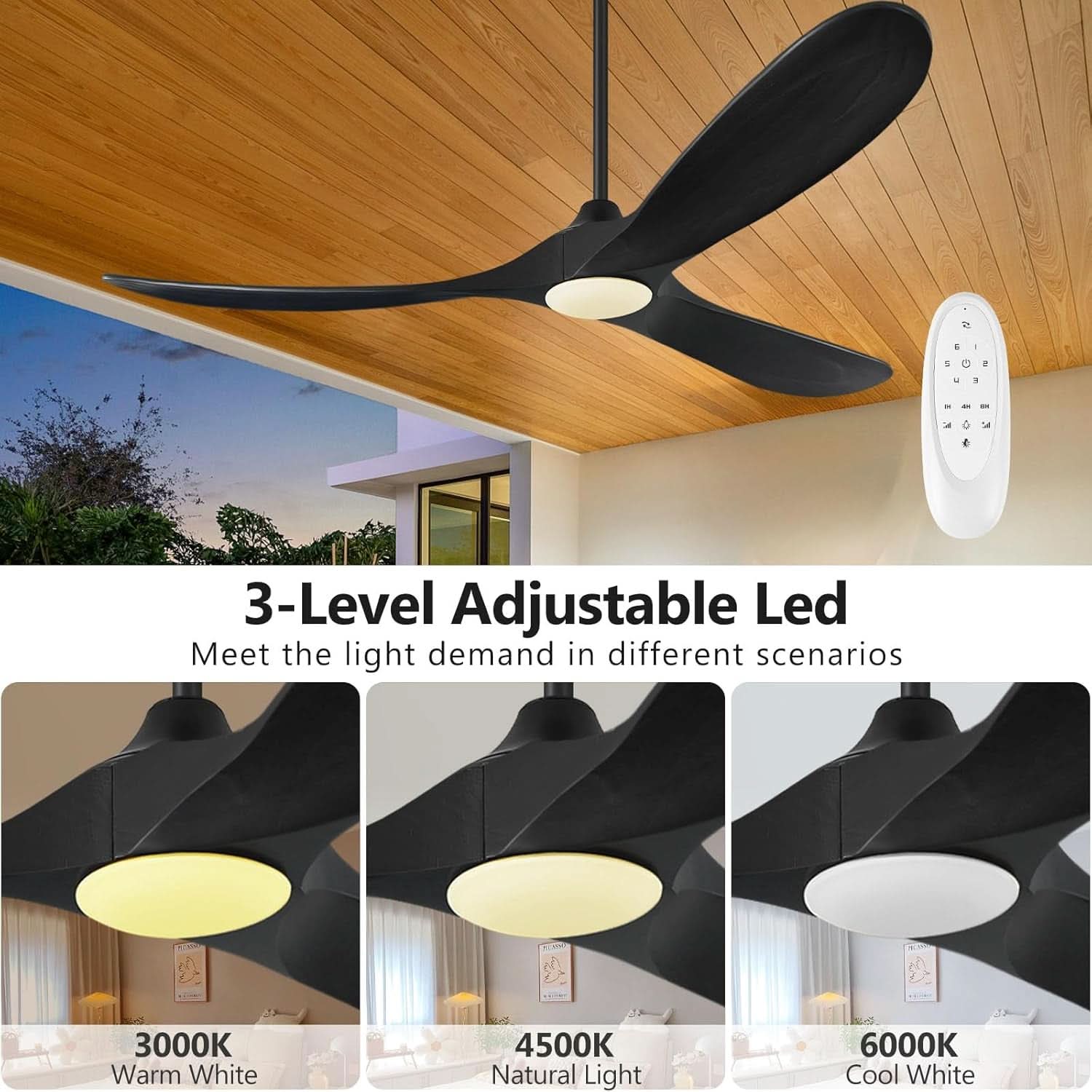 52Inch Matte Black Ceiling Fan Indoor Outdoor Low Noise-2
