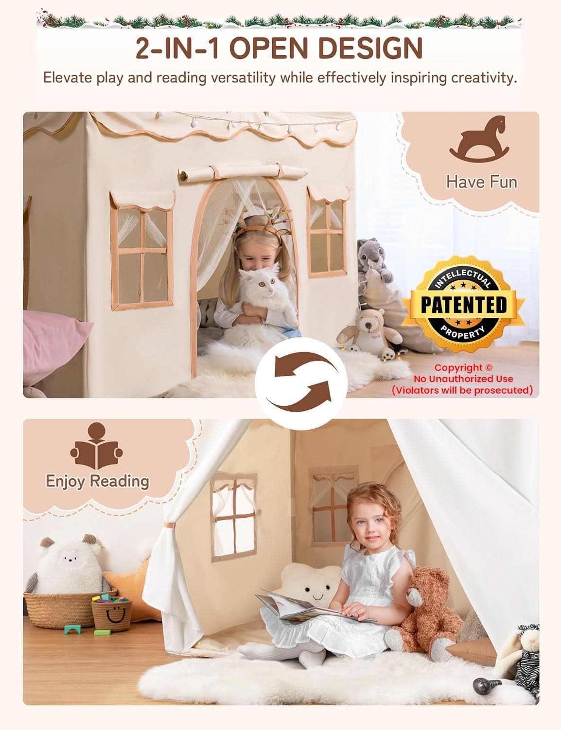 Large Kids Play Tent with Lights and Padded Mat, 51 Inch-1