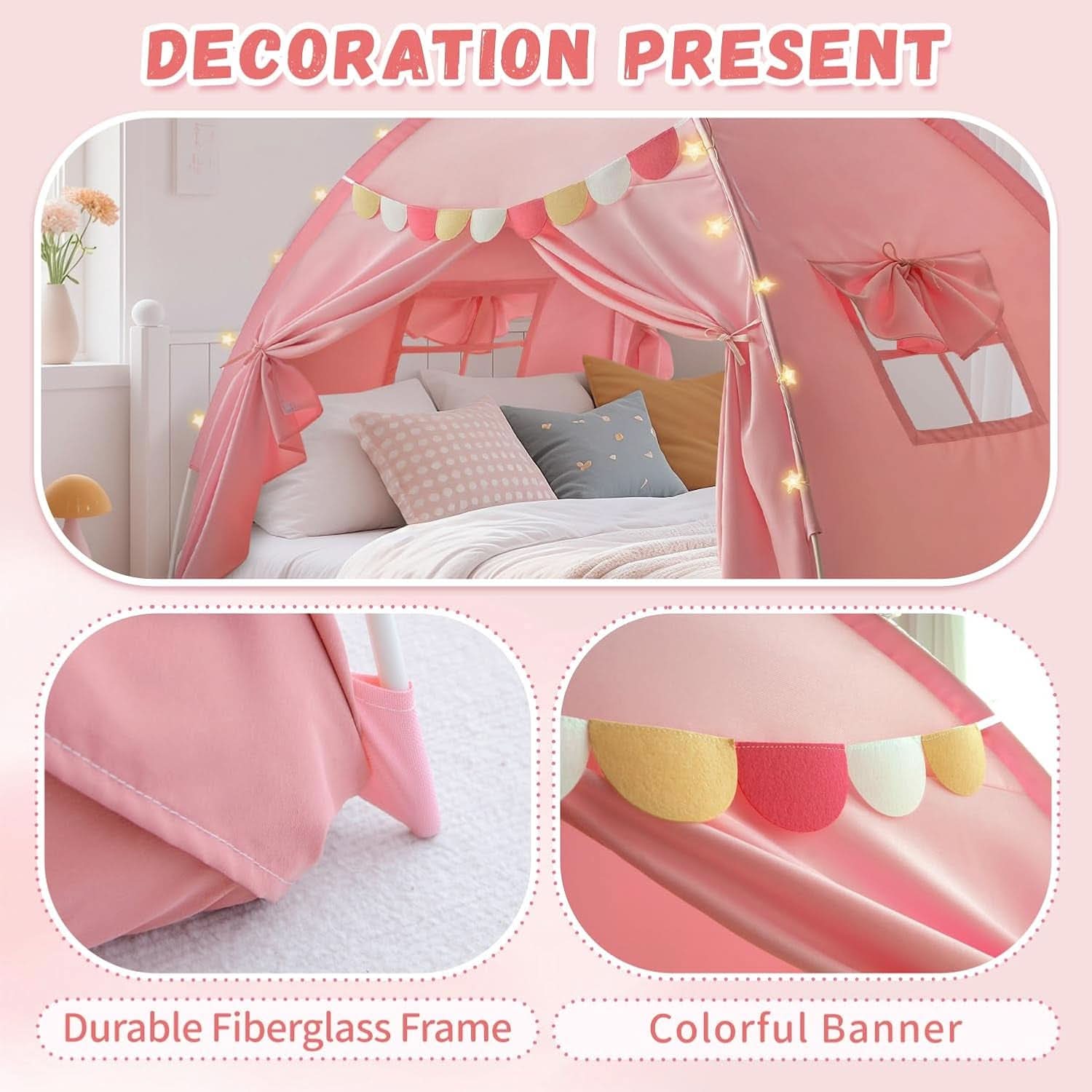 Pink Full Size Canopy Tent Dual Door Access Blackout Fabric-3