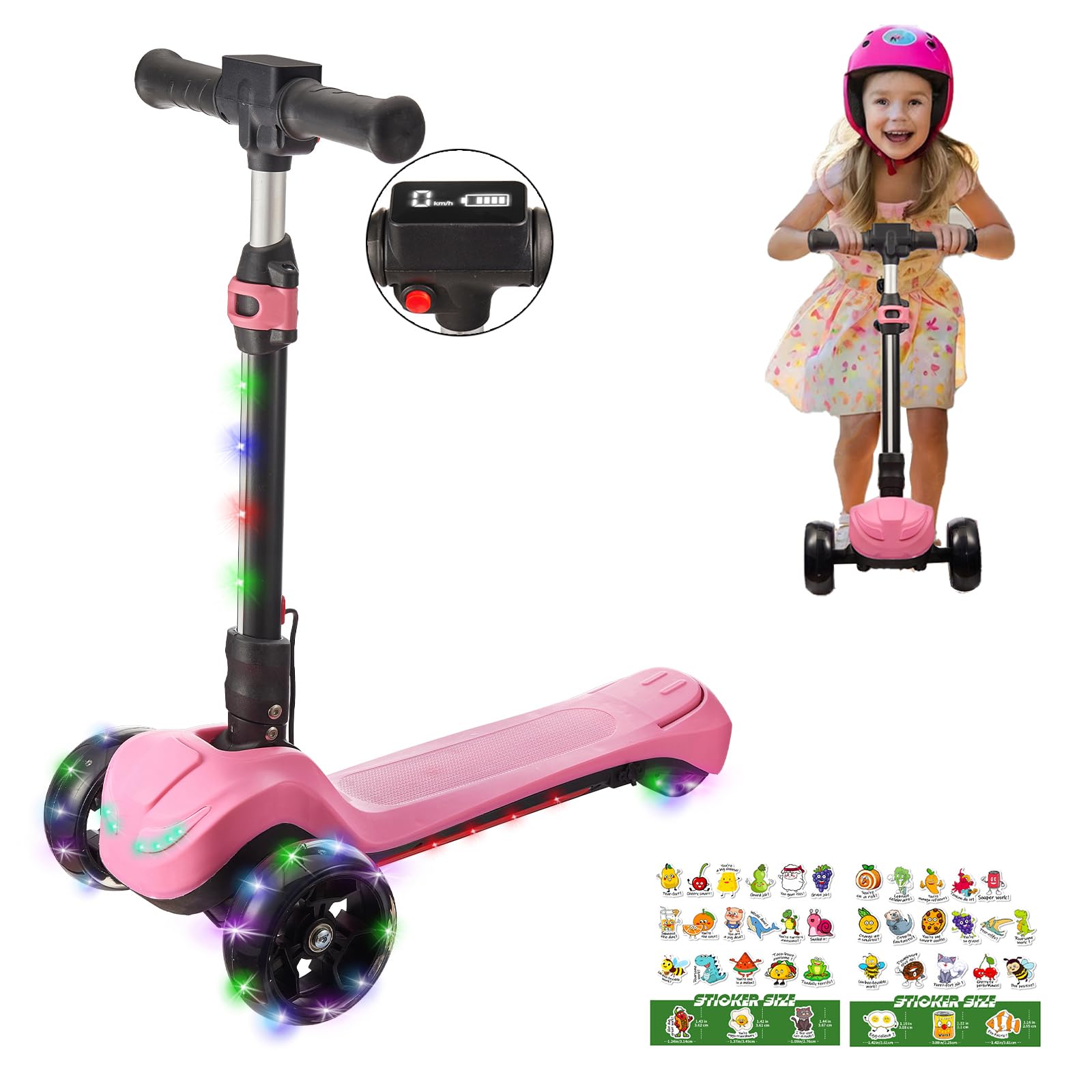 3 Wheel Electric Scooter for Kids Ages 3-8 LCD Display Colorful Lights Reliable Thumb Throttle 3 Adjustable Height 5Mph Safe Speed and Long Range Foldable Kids Electric Scooter (Pink)