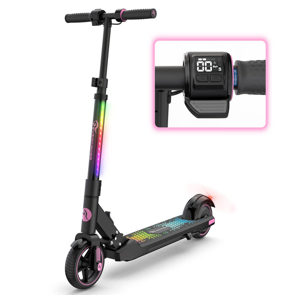 EVERCROSS EV06C Foldable Electric Scooter for Kids Ages 6-12 Up to 9.3 MPH & 5 Miles LED Display Colorful LED Lights Lightweight (Black Pink)