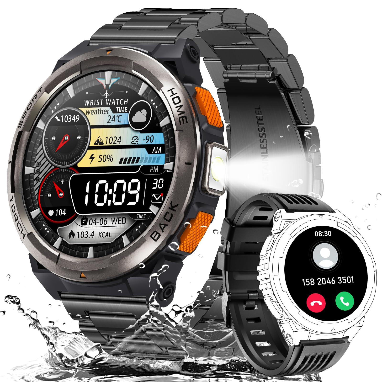 EIGIIS KE5 Military Smart Watch for Men with Flashlight SOS 3ATM Waterproof Watch 530mAh Big Battery 1.45" Rugged Tactical Smartwatch with Compass Elevation Barometer Fitness Watch for iPhone (Black)