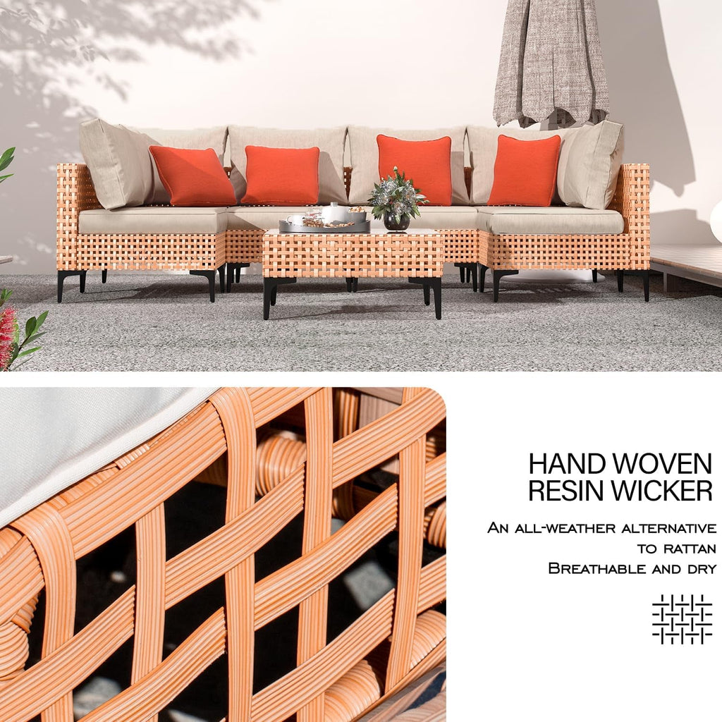 5 Piece Outdoor Patio Set Salmon Orange Wicker Sectional