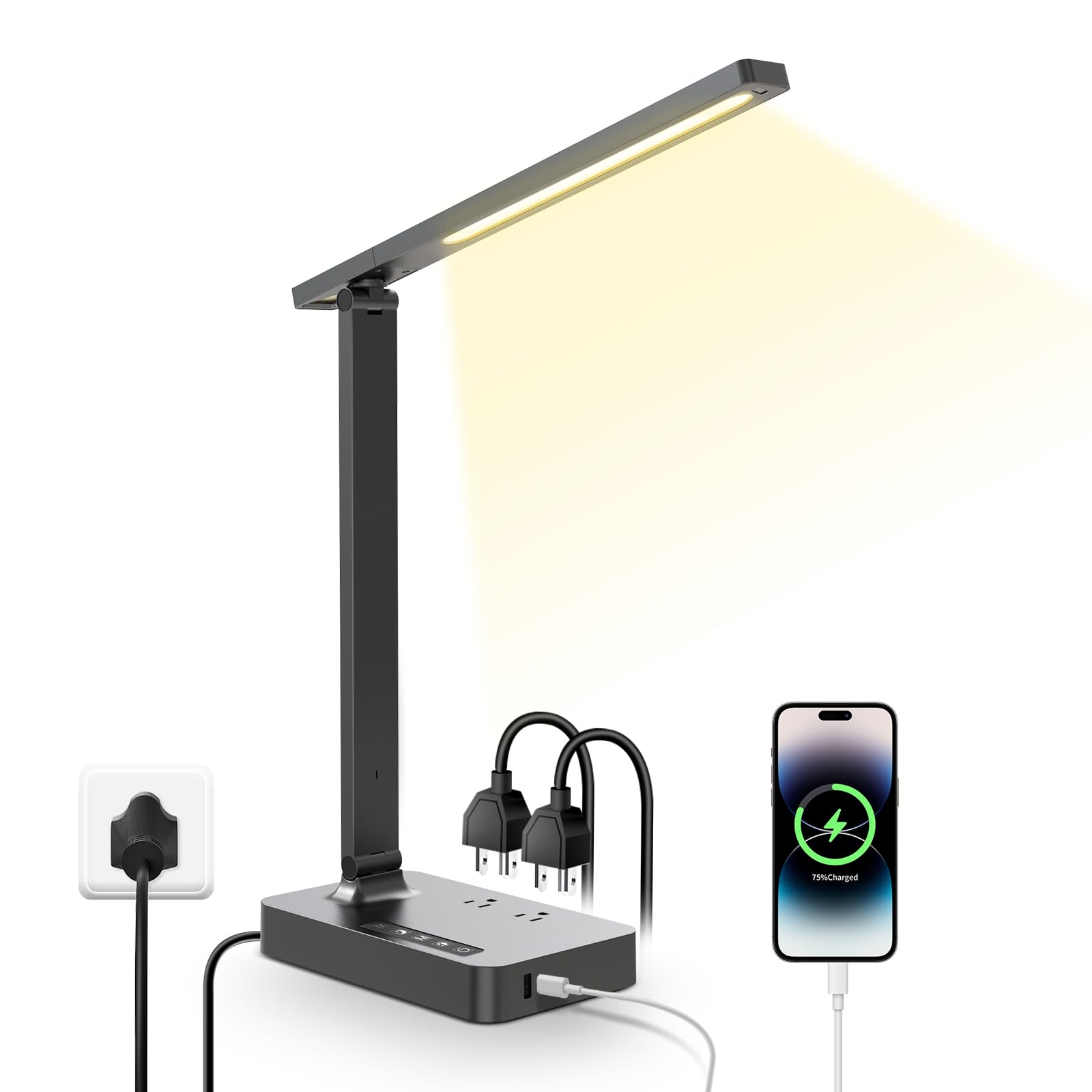Power Strip with USB Ports Lamp : 2 Outlets 1 USB-A Ports 1 Type-C Ports Desk Lamp for Home Office with Surge Protection Dorm Room Essentials 5ft Extension Cord