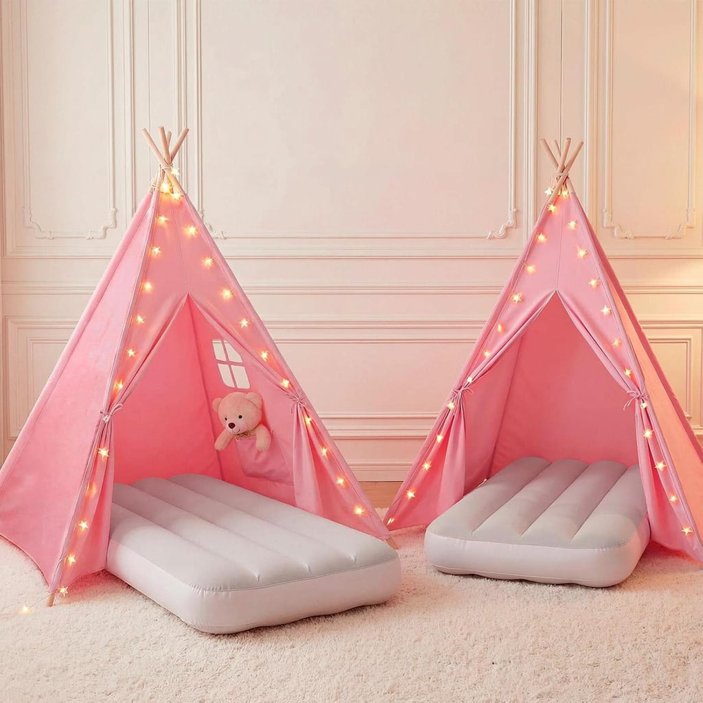 Pink Teepee Tent With Inflatable Airbed LED String Lights-0