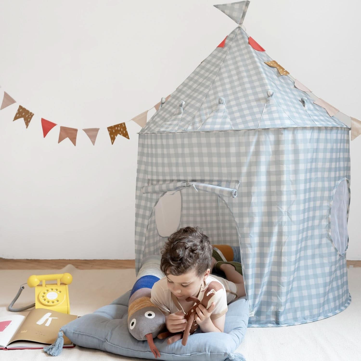 Kids Play Tent Blue Gingham Environmentally Friendly Fabric-4