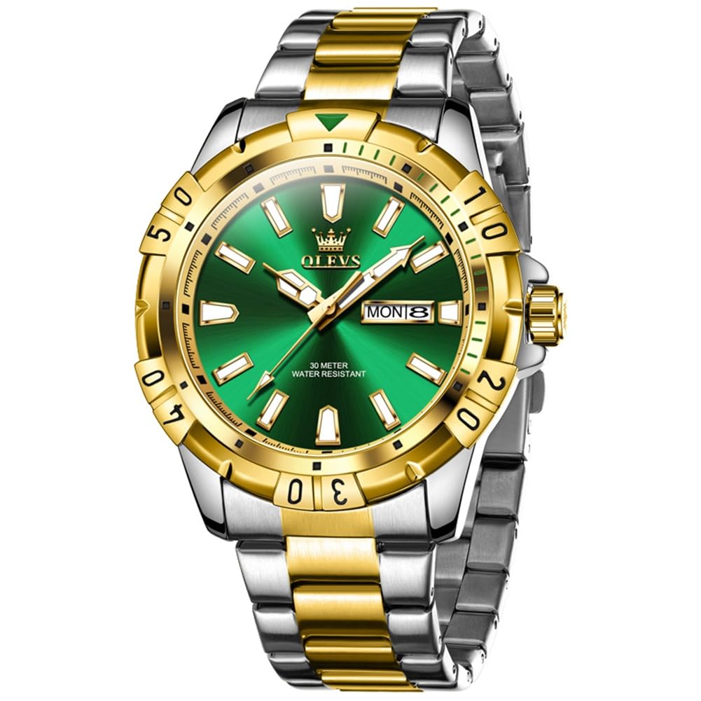 OLEVS Green Dial Watch for Men Gold Silver Two Tone Stainless Steel Quartz Watch Big Face Business Dress Male Watch Waterproof Calendar Luminous Three Hands Analog Mens Watch with Battery