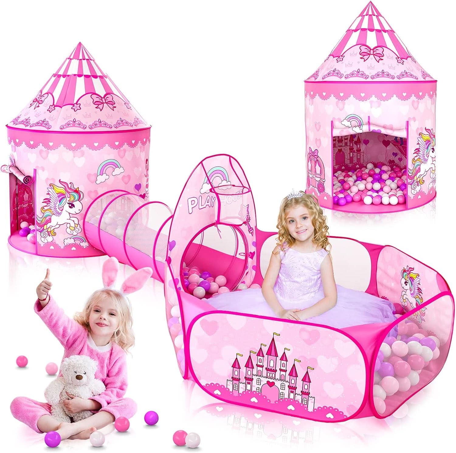 Pink Princess Playhouse Tent Ball Pit Multifunctional-0