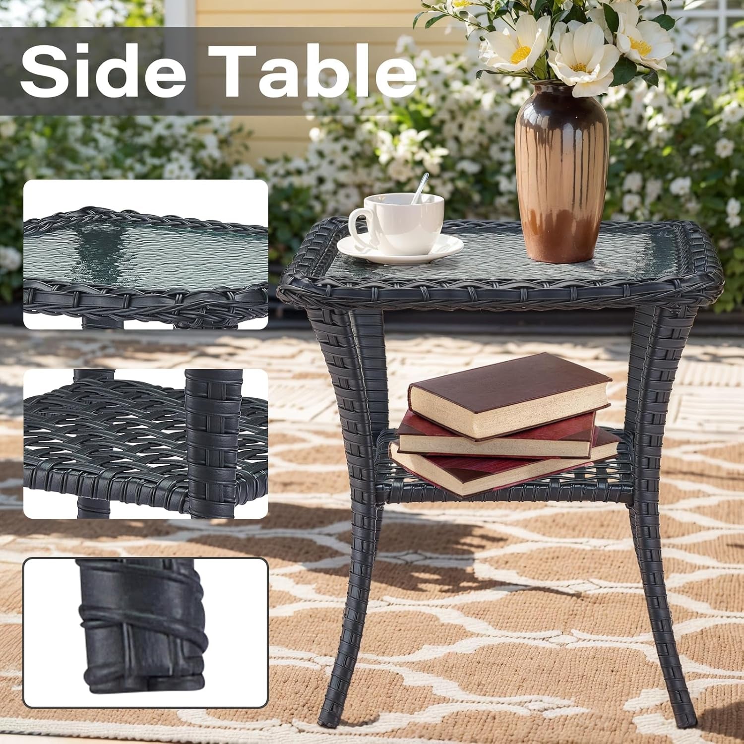 3 Piece Black Wicker Patio Furniture Set With Swivel Rocker Chairs And Side Table Beige Cushions
