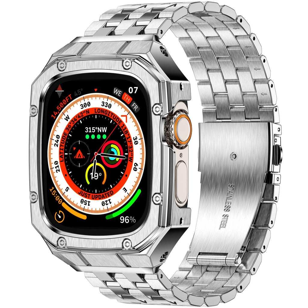 MioHHR Stainless Steel Watch Case with Bands Compatible with Apple Watch Band 49mm Metal Cover Bumper with iWatch Bands for Apple Watch Ultra/Ultra 2 Silver
