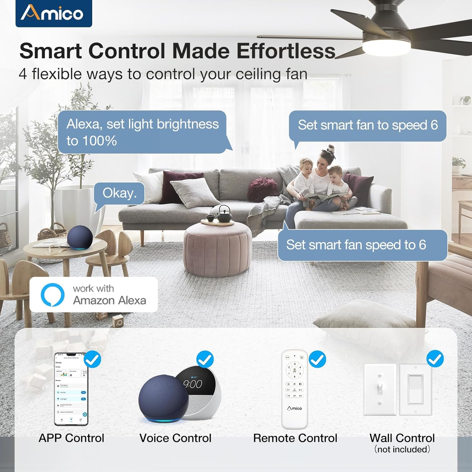 42 Inch Black Low Profile Smart Ceiling Fan Lights-2
